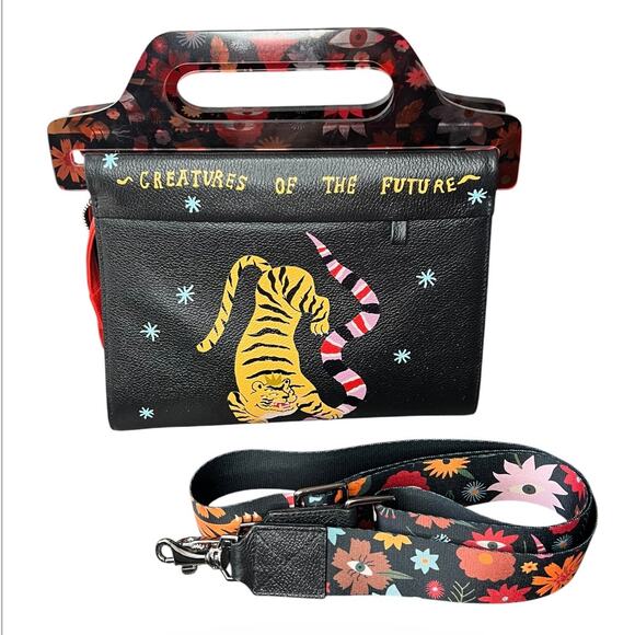 Min & Mon Handbags - Min & Mon Vali Black Leather Crossbody Handbag Plastic Handle Tiger & Snake